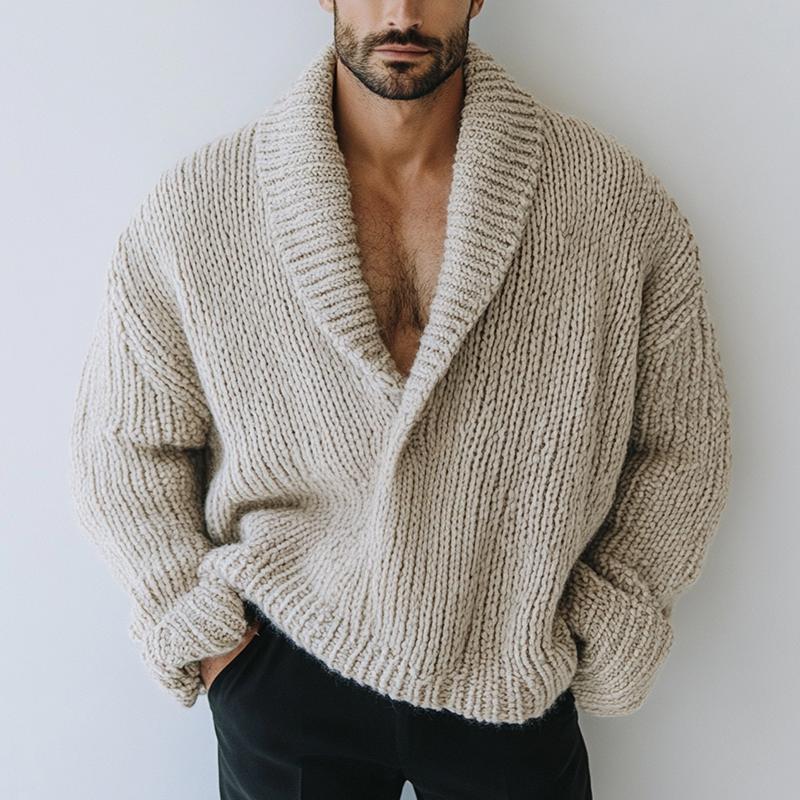 Men's Fashion Oversize Style Solid Color Lapel Long Sleeve Casual Knit Sweater 