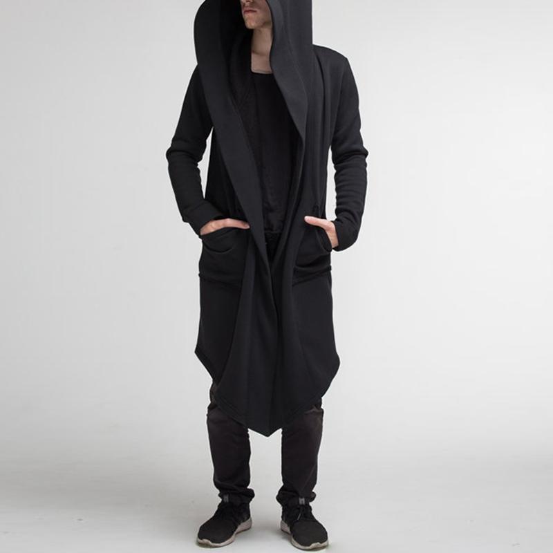Men's Casual Solid Color Mid-Length Loose Long Sleeve Hooded Cardigan 