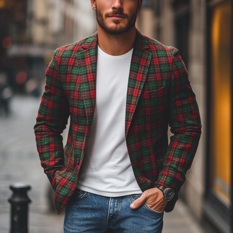 Men's Casual Notch Lapel Contrast Color Christmas Plaid Single-breasted Blazer 