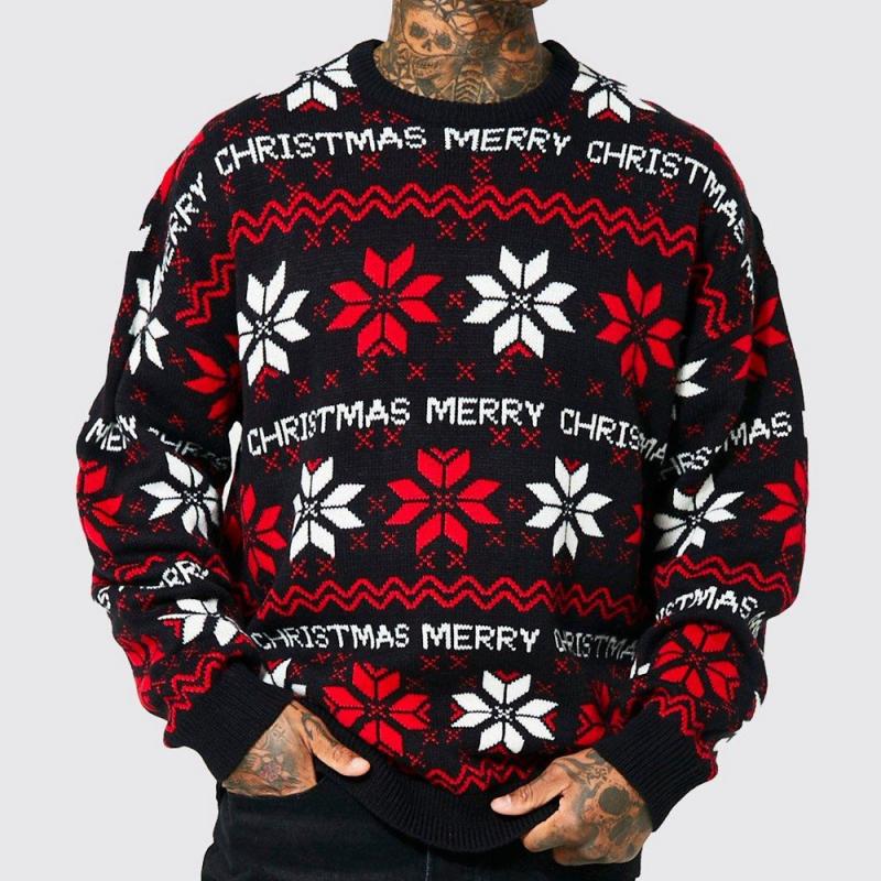 Men's Casual Christmas Jacquard Crew Neck Knit Sweater 