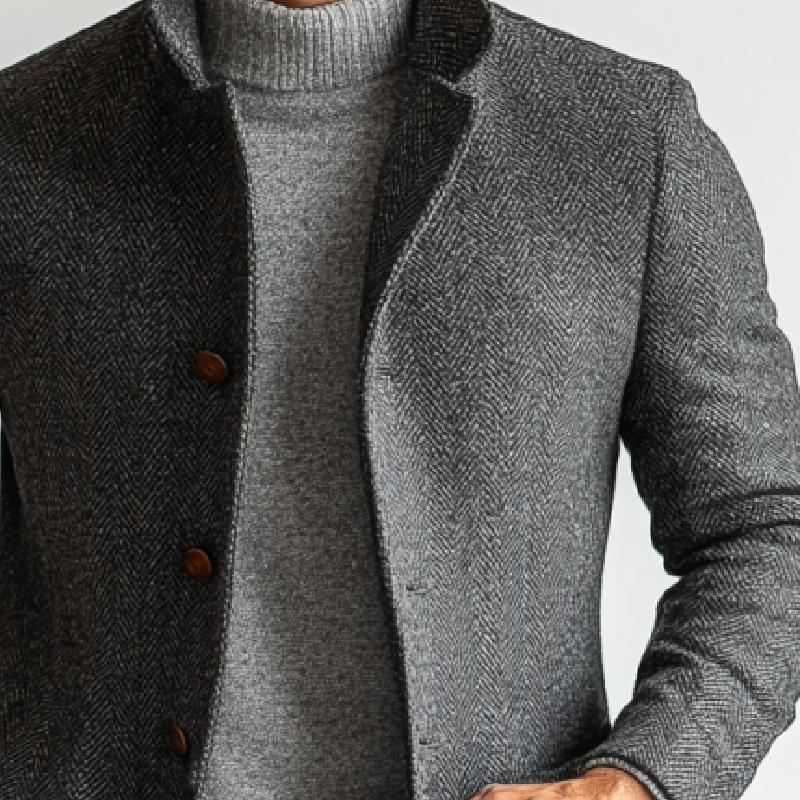 Men's Retro Herringbone Woolen Single-Breasted Mid-Length Coat 