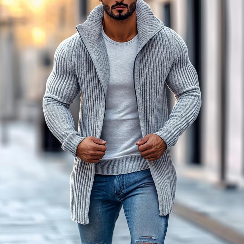 Men's Fashion Stand Collar Solid Striped Long Sleeve Mid-length Knit Cardigan 