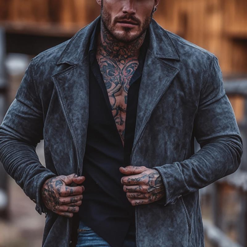 Men's Solid Color Suede Lapel Mid-Length Windbreaker Trench Coat 