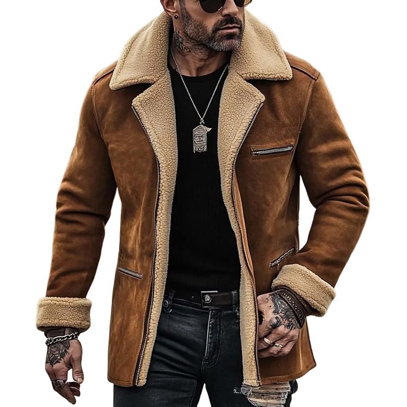 Men's Fleece Suede Lapel Suede Single Breasted Multi-pocket Coat 