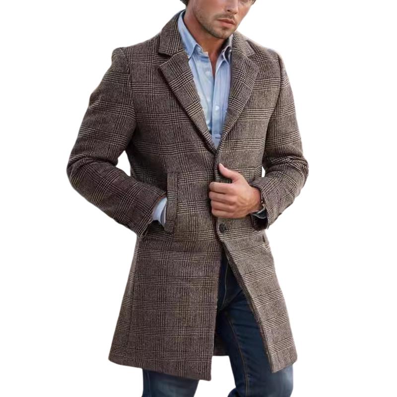 Men's Mid-length Lapel Plaid Woolen Coat 