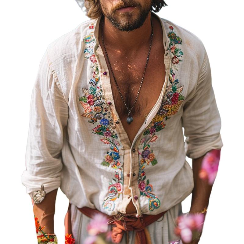 Men's Casual Vintage Embroidered Long Sleeve Shirt 