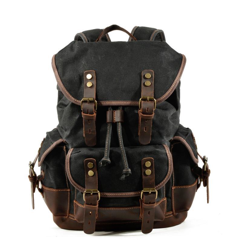 Men's Vintage Outdoor Canvas Stitching Leather Multi-Pocket Backpack 
