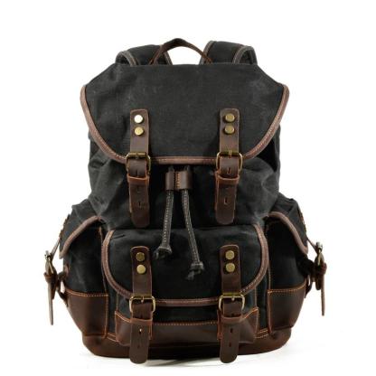 Men's Vintage Outdoor Canvas Stitching Leather Multi-Pocket Backpack 