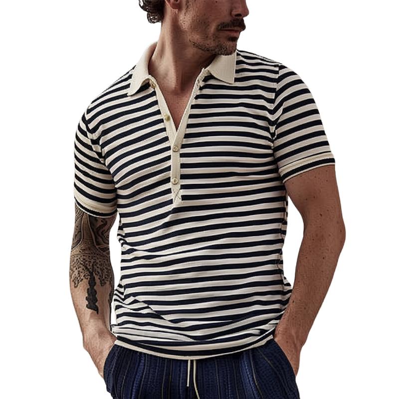 Men's Striped Lapel Short Sleeve Polo Shirt 