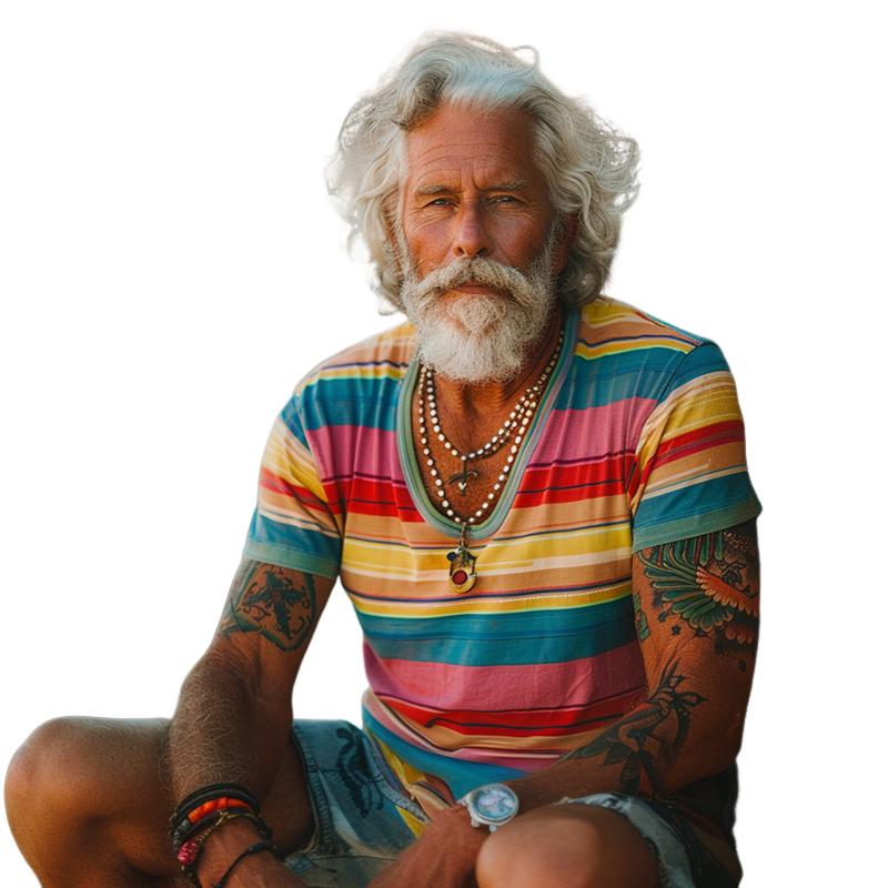 Men's Vintage Rainbow Stripe Print Crew Short Sleeve T-Shirt 