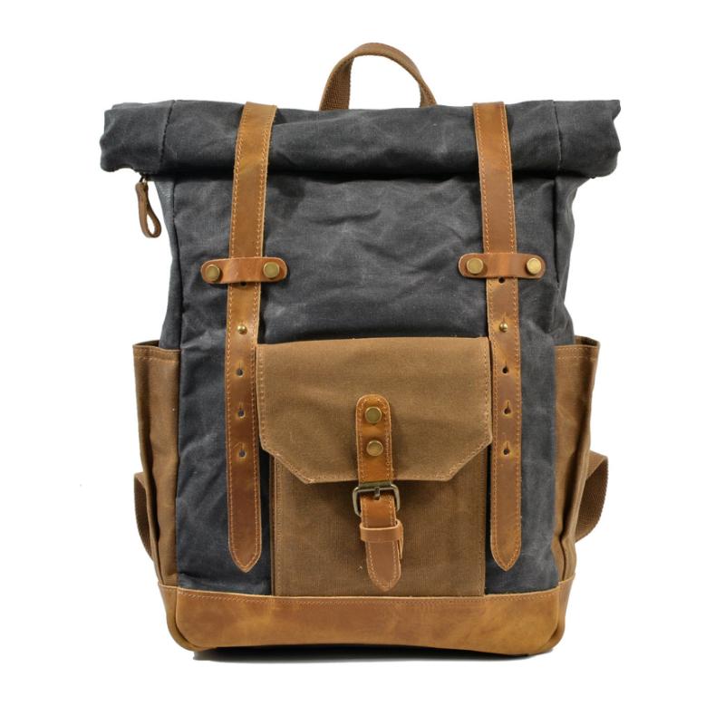Men's Vintage Contrast Waterproof Canvas Multi-Pocket Backpack 