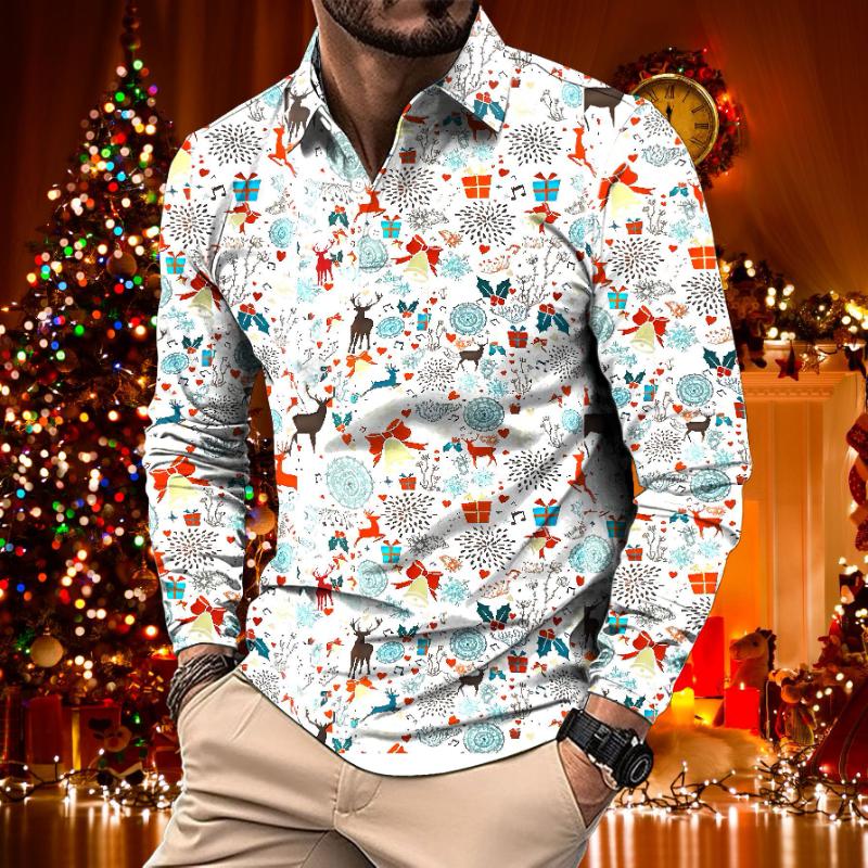 Men's Retro Casual Christmas Floral Print Long Sleeve Polo Shirt 
