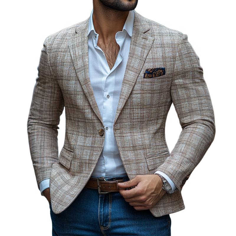 Men's Fashion Retro Checked Notch Lapel One Button Casual Blazer