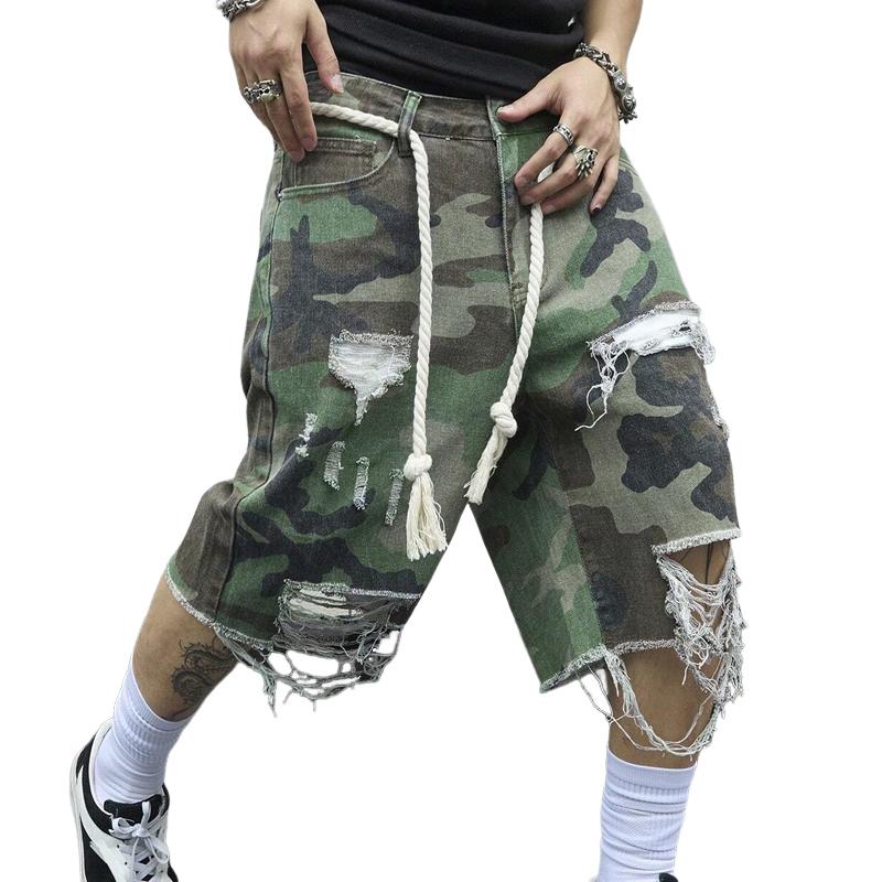 Men's Camouflage Washed Ripped Cropped Trousers 
