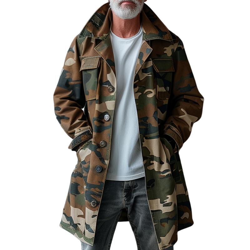 Men's Camouflage Lapel Breast Pocket Single Breasted Mid-length Cargo Trench Coat 