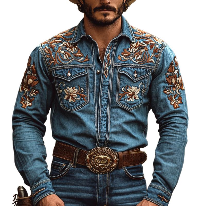 Men's Western Cowboy Style Embroidered Lapel Chest Pocket Long Sleeve Denim Shirt