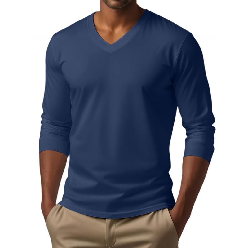 Men's Casual V-neck Cotton Blended Slim Fit Long Sleeve T-shirt 