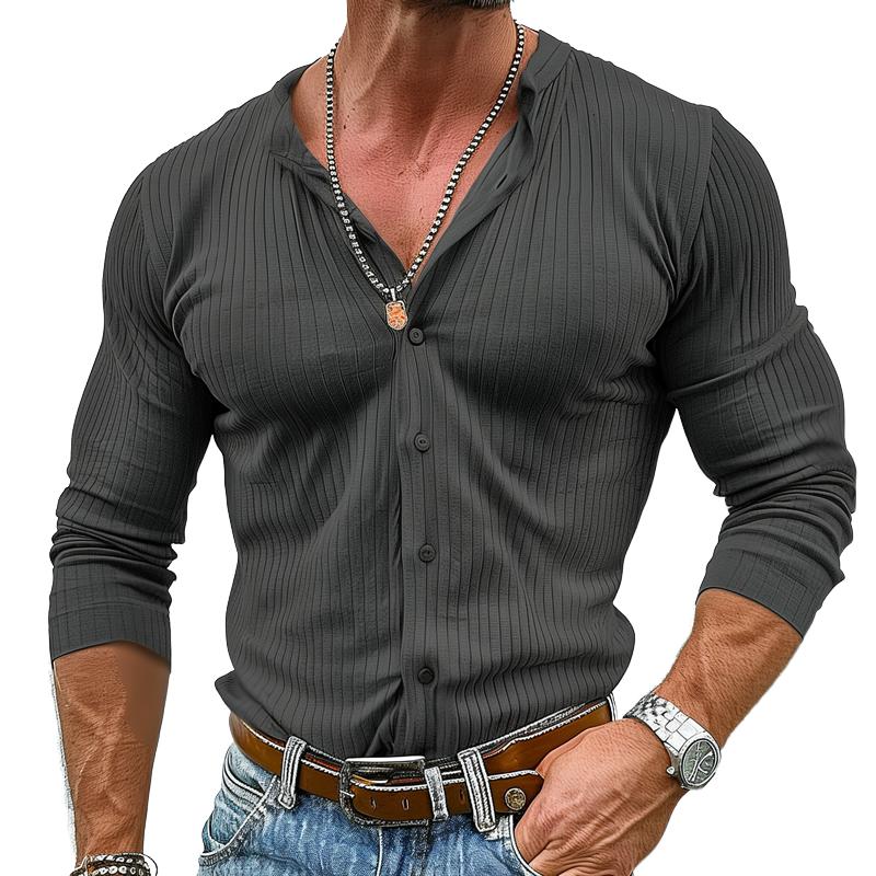 Men's Solid Color Striped Round Neck Long Sleeve Shirt 