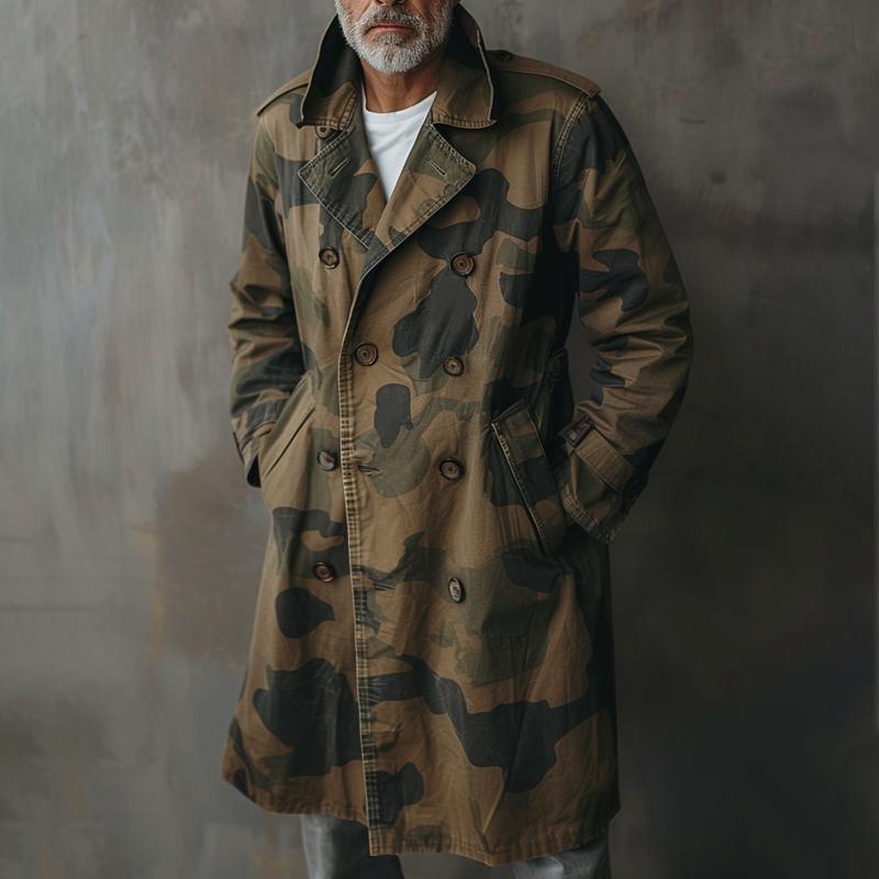 Men's Camouflage Lapel Double Breasted Mid-length Cargo Trench Coat 