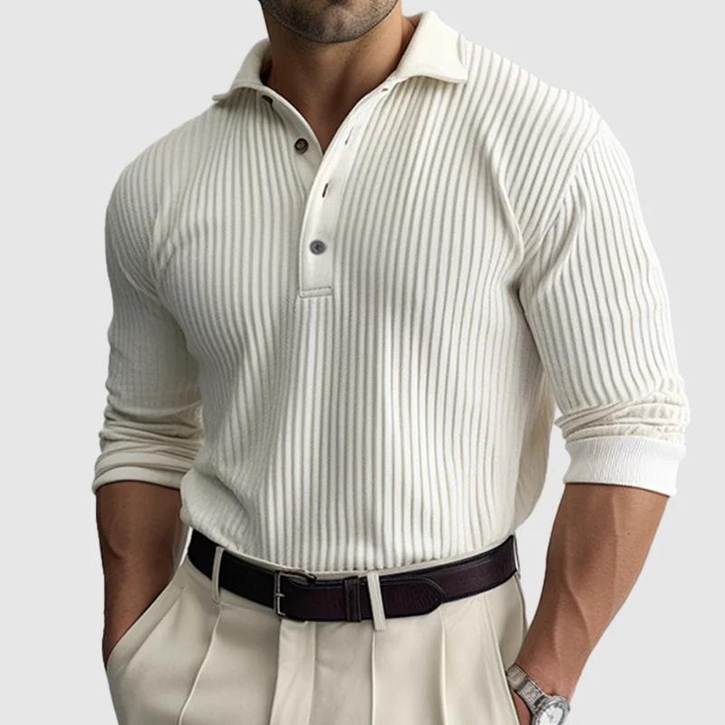 Men's Solid Striped Lapel Long Sleeve Polo Shirt