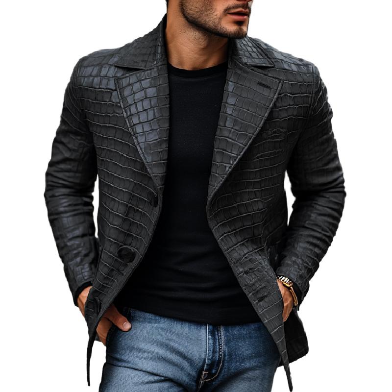 Men's Vintage Stone Pattern Leather Notched Lapel Slim Fit Blazer