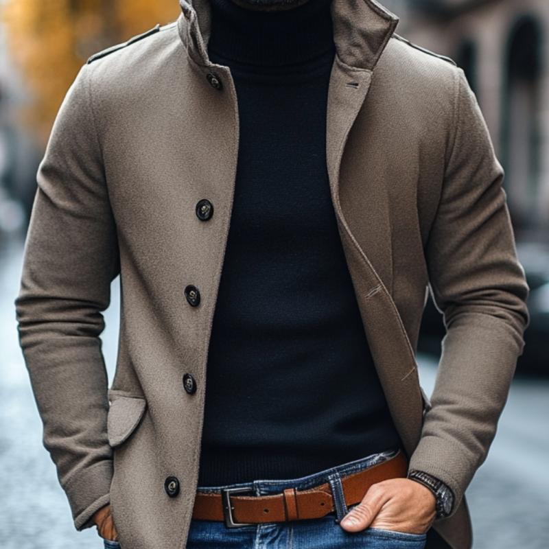 Men's Casual Wool Blend Lapel Single-breasted Slim Short Coat 