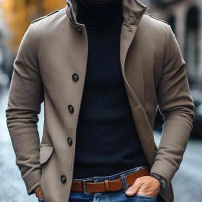 Men's Casual Wool Blend Lapel Single-breasted Slim Short Coat 