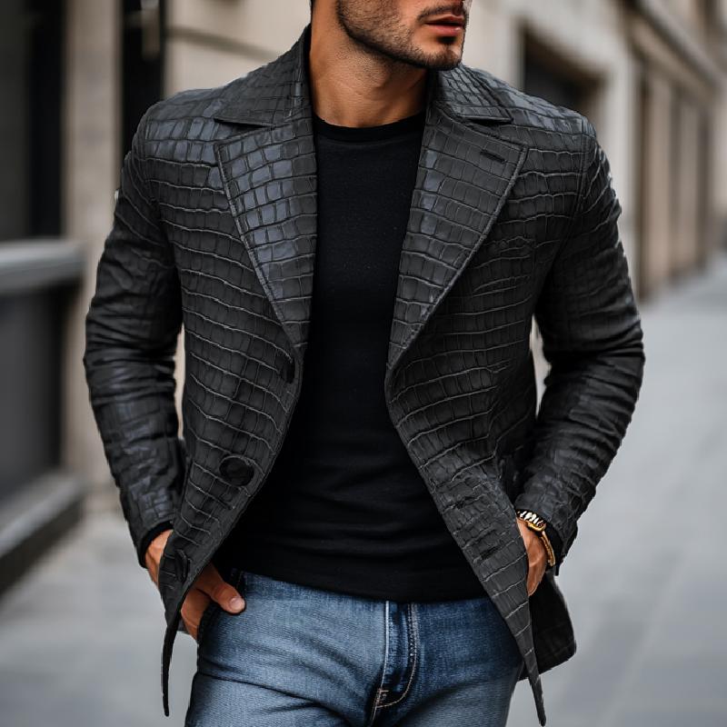 Men's Vintage Stone Pattern Leather Notched Lapel Slim Fit Blazer