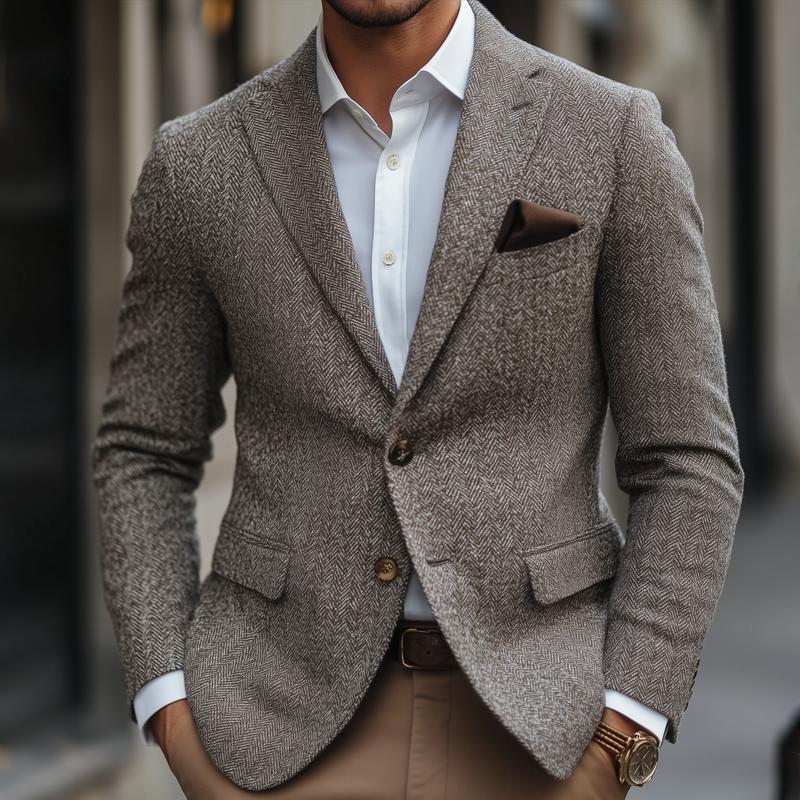Men's Vintage Herringbone Notch Lapel Two Buttons Slim Blazer