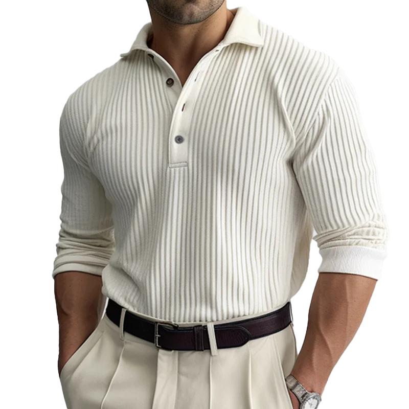 Men's Solid Striped Lapel Long Sleeve Polo Shirt