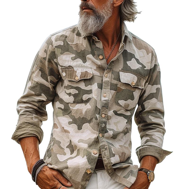 Men's Camouflage Lapel Breast Pocket Cargo Shirt 