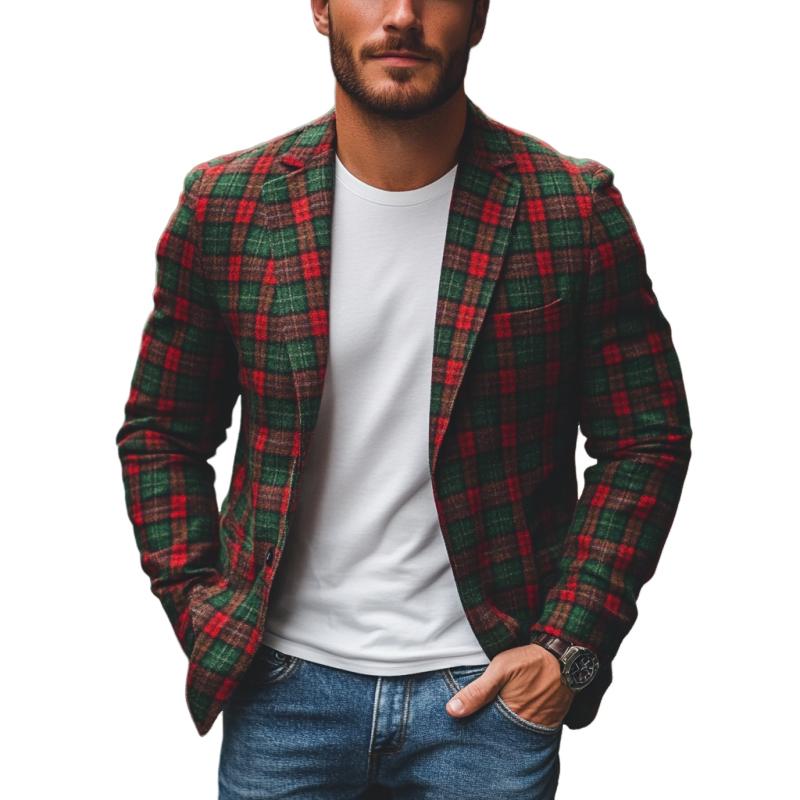 Men's Casual Notch Lapel Contrast Color Christmas Plaid Single-breasted Blazer 