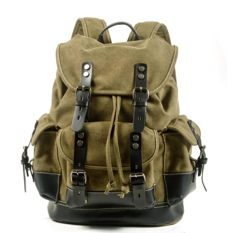 Men's Vintage Outdoor Canvas Stitching Leather Multi-Pocket Backpack 