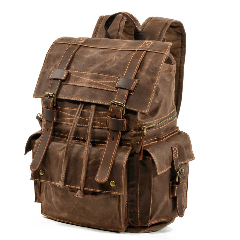 Men's Vintage Beeswax Canvas Outdoor Leather Multi-Pocket Backpack 