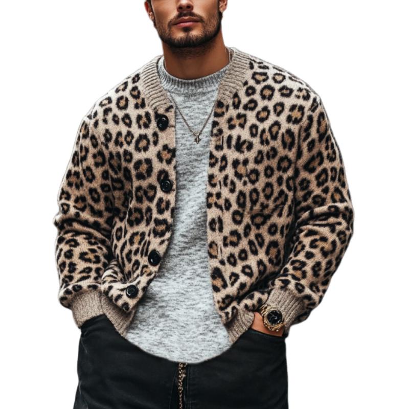 Men's Vintage Leopard Jacquard Colorblock Single Breasted Cardigan
