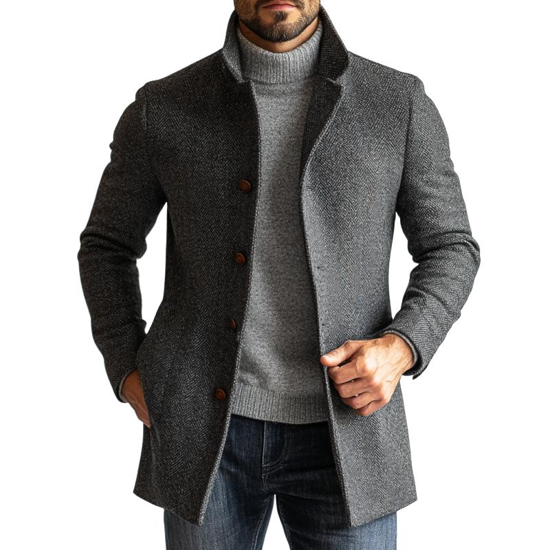 Men's Retro Herringbone Woolen Single-Breasted Mid-Length Coat 