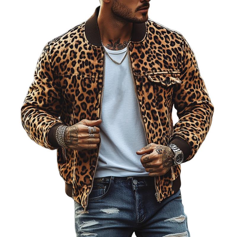 Men's Vintage Leopard Print Chest Pocket Bomber Jacket 