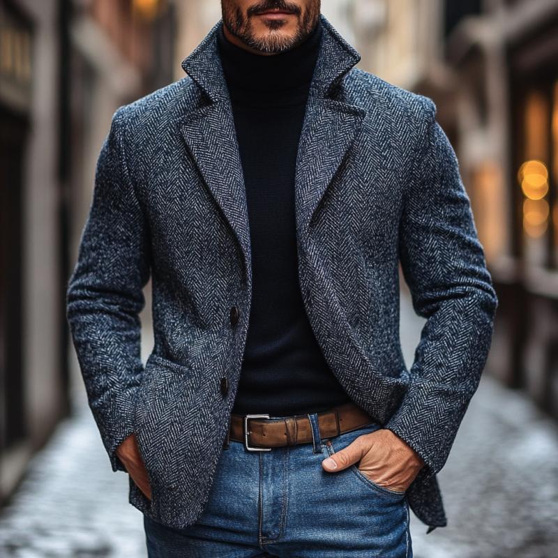 Men's Vintage Herringbone Notch Lapel Single Breasted Blazer
