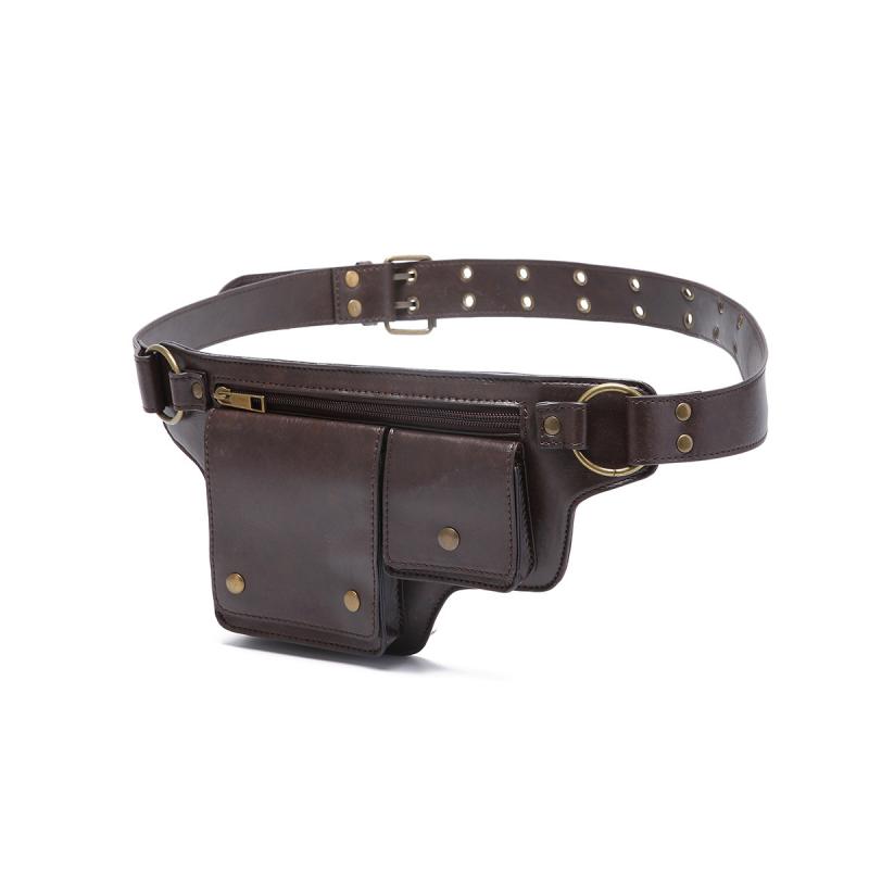 Men's Outdoor Sports Zipper Adjustable Leather Waist Bag 
