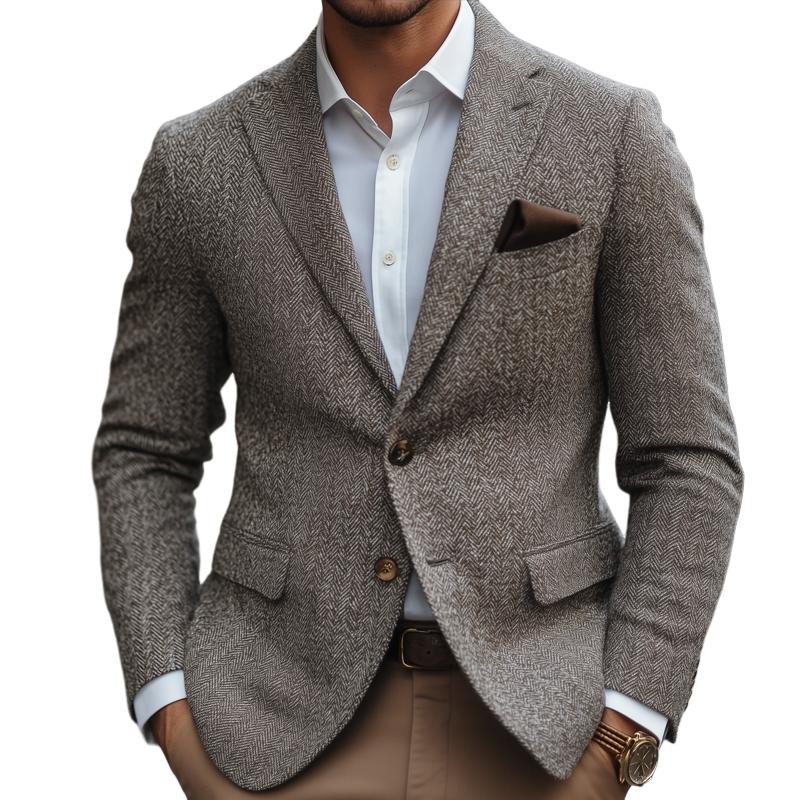 Men's Vintage Herringbone Notch Lapel Two Buttons Slim Blazer