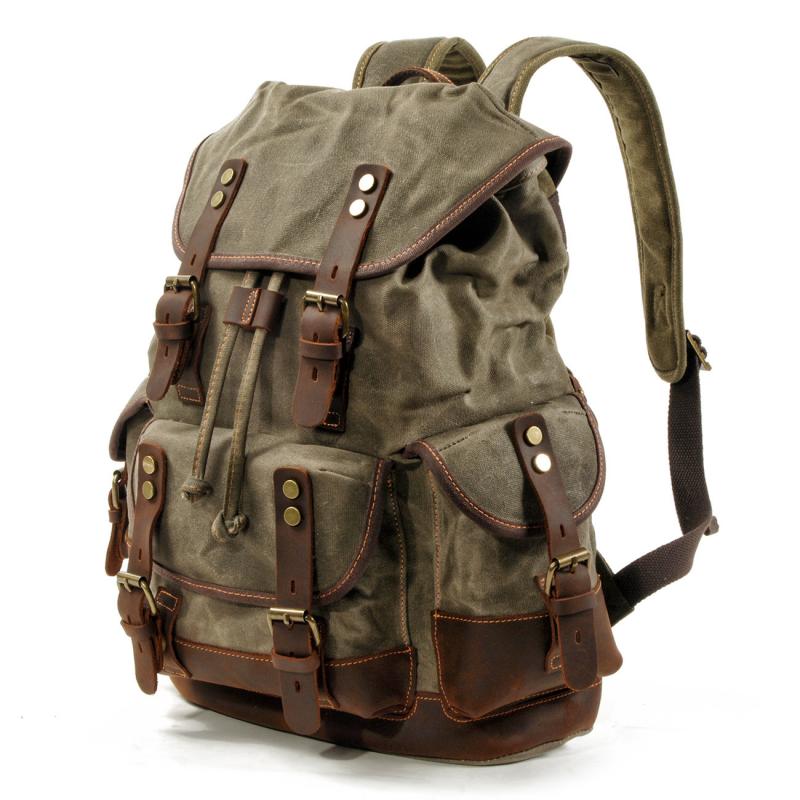 Men's Vintage Outdoor Canvas Stitching Leather Multi-Pocket Backpack 