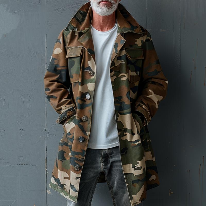 Men's Camouflage Lapel Breast Pocket Single Breasted Mid-length Cargo Trench Coat 