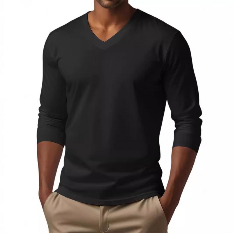 Men's Casual V-neck Cotton Blended Slim Fit Long Sleeve T-shirt 