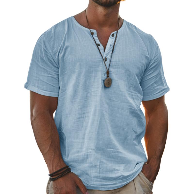Men's Solid Henley Short Sleeve T-Shirt 