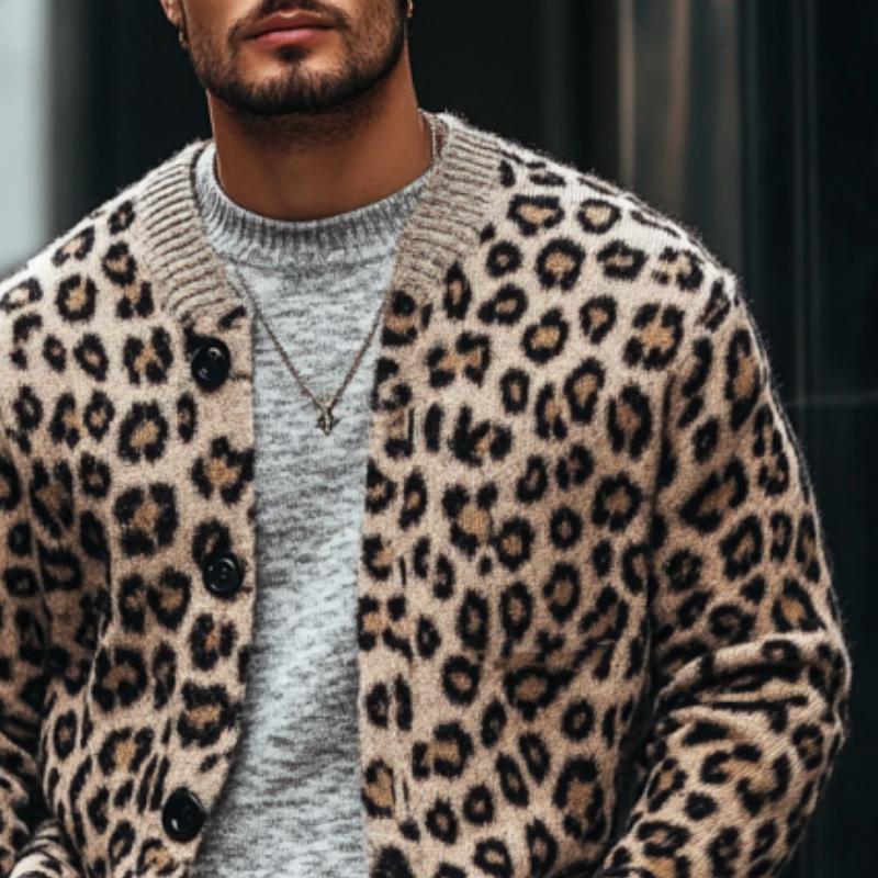 Men's Vintage Leopard Jacquard Colorblock Single Breasted Cardigan