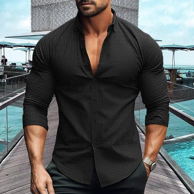 Men's Solid Color Lapel Long Sleeve Waffle Casual Shirt