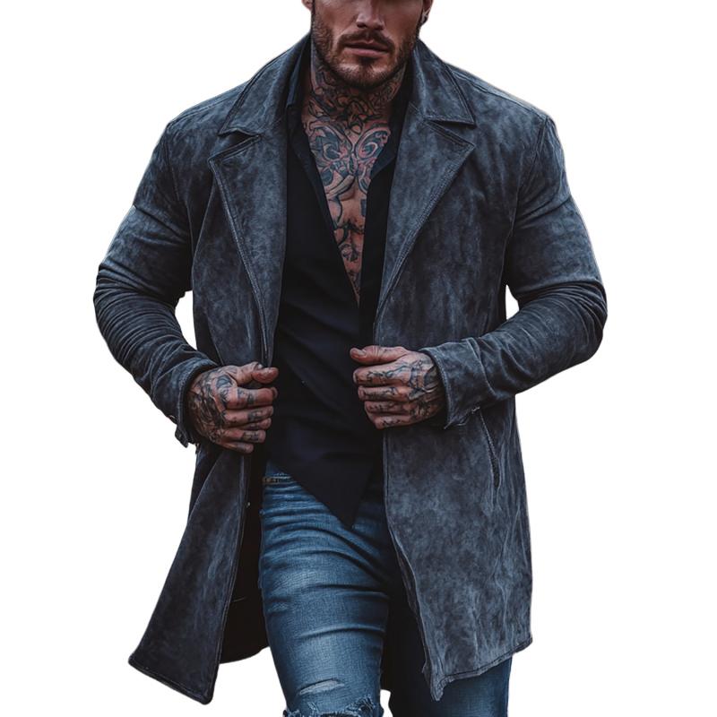 Men's Solid Color Suede Lapel Mid-Length Windbreaker Trench Coat 