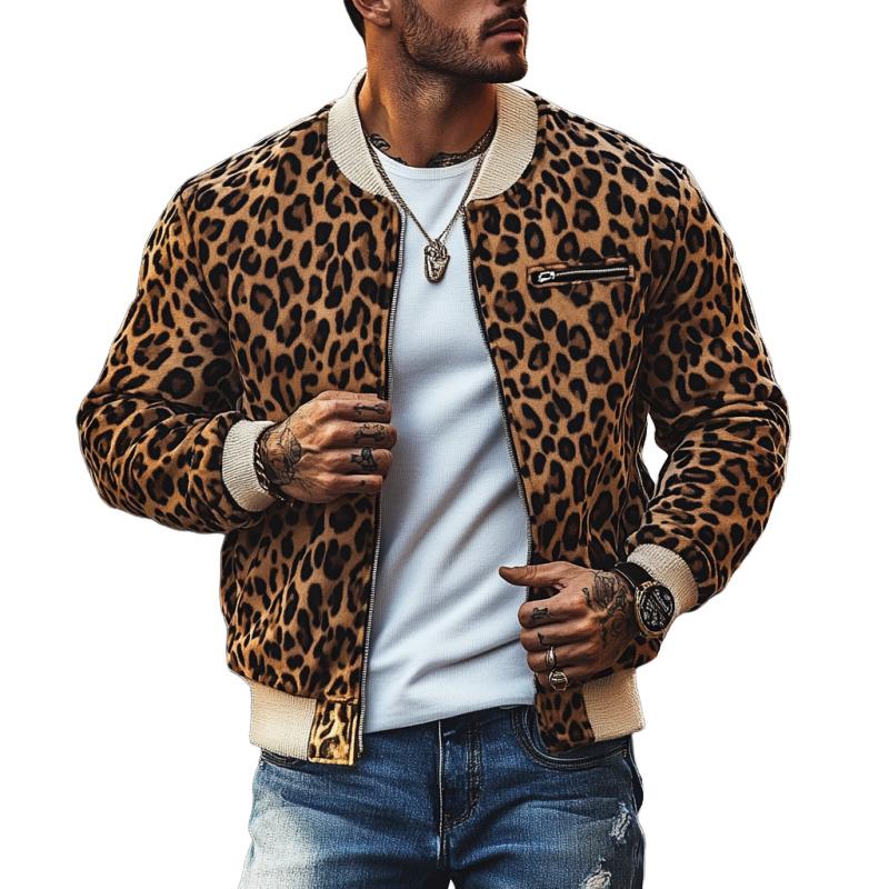 Men's Vintage Leopard Print Colorblock Zip-Up Bomber Jacket 