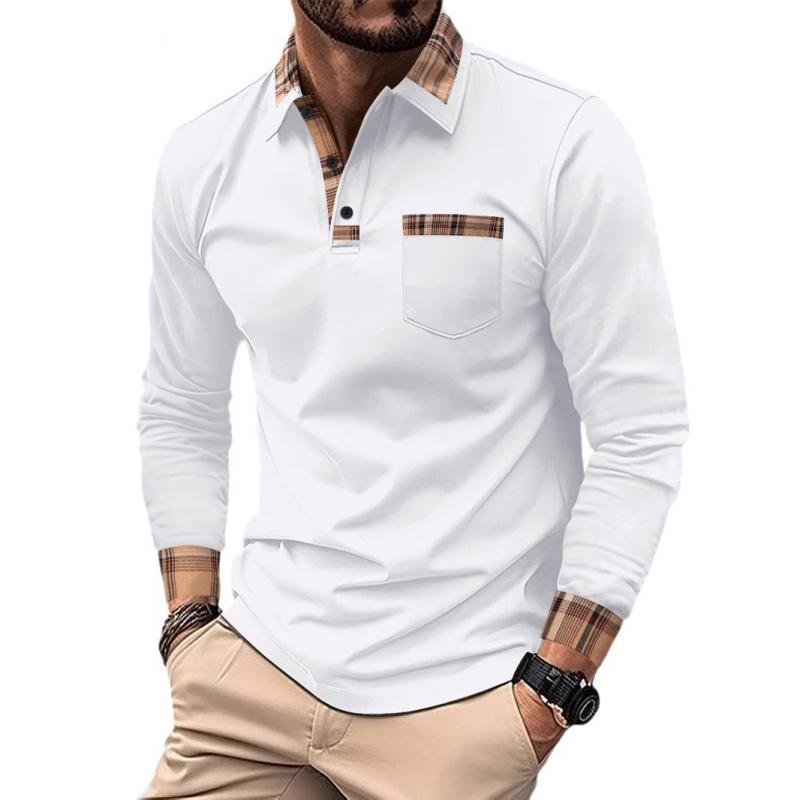 Men's Checked Stitching Lapel Long Sleeve Casual Polo Shirt 