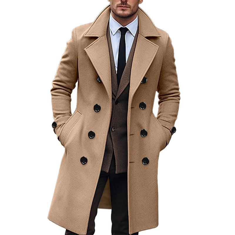 Men's Solid Notch Lapel Double Breasted Long Coat 